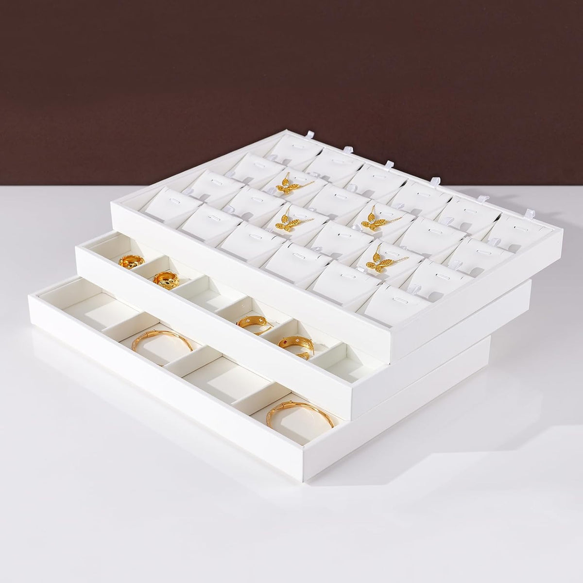 White PU Leather Jewelry Display Tray for Long Chain Pendant Necklace Organizer Display Showcase Jewelry Storage Tray