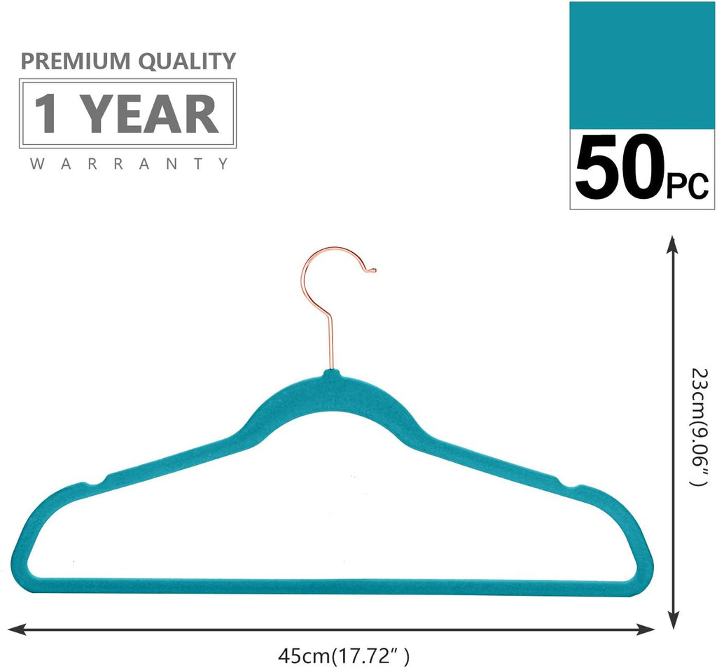 MIZGI Premium Velvet Hangers (50 Pack) Heavy Duty - Non Slip Felt Suit Hanger Teal/Turquoise - Rose Gold Hooks,Space Saving Clothes Hanger