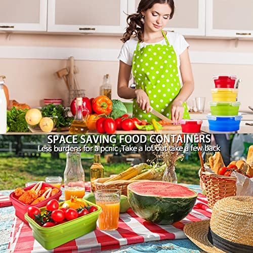 Zopeal 8 Pcs Collapsible Food Storage Containers Foldable Silicone Lunch Containers with Lids 4 Silicone Rectangle Collapsible Bowls and 4 Round Food Bowls Microwave Freezer Dishwasher Safe (Colorful)