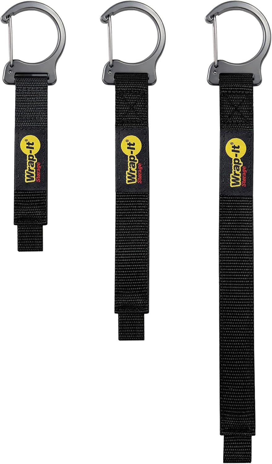 Wrap-It Storage Quick Clips - Assorted 3-Pack Black - Cable Straps with Metal Clips for Hanging Garage Accessories and Extension Cord or Hose Hanger