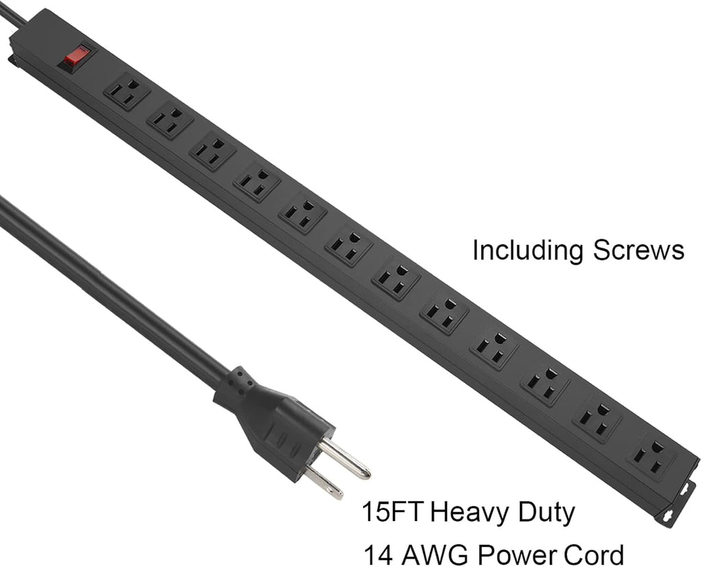 HHSOET Aluminum Wall Mount Power Strip - 12 AC Outlets, 15 FT Cord, 15A 125V Switch