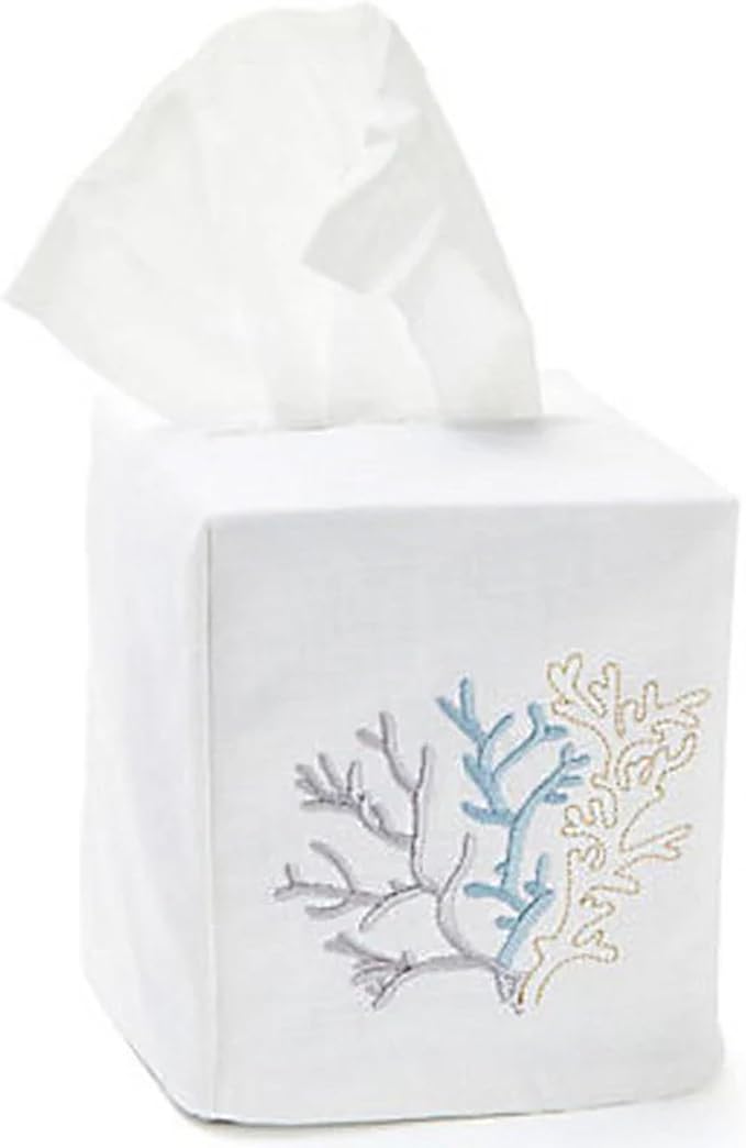 Jacaranda Living Square Tissue Box Cover, Linen/Cotton Fabric Tissue Holder, Decorative Cloth Tissue Cube Cover, Coastal Designs Coral (Duck Egg Blue)