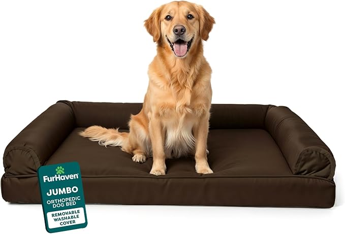 Furhaven Orthopedic Dog Bed for Large Dogs w/ Removable Bolsters & Washable Cover, For Dogs Up to 95 lbs - Plush & Suede Sofa - Espresso, Jumbo/XL