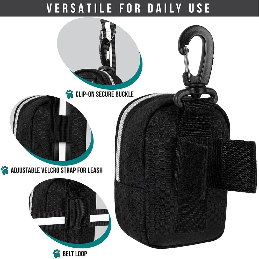 PetAmi Dog Poop Bag Holder for Leash, Dog Pet Waste Bag Dispenser For Poop With Clip For Doggie Puppy Walking Accessories Travel Camping, Dog Treat Pouch Supplies Must Have With Doggy Bag Roll, Black