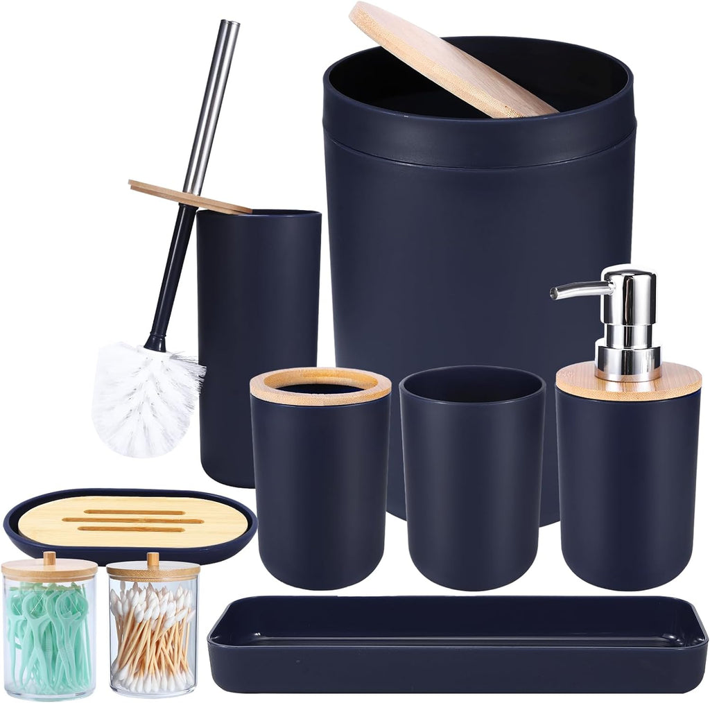 iMucci Bathroom Accessories Set Navy Blue Bathroom Decor Sets with Trash Can,Toilet Brush,Toothbrush Holder, Lotion Soap Dispenser, Soap Dish,Toothbrush Cup,Vanity Tray,Qtip Holder