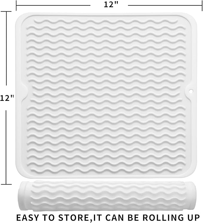 Silicone Dish Drying Mat for Multiple Usage,Easy clean,Eco-friendly,Heat-resistant Silicone Mat for Kitchen Counter or Sink,Refrigerator or Drawer liner White M 12 inches x 12 inches