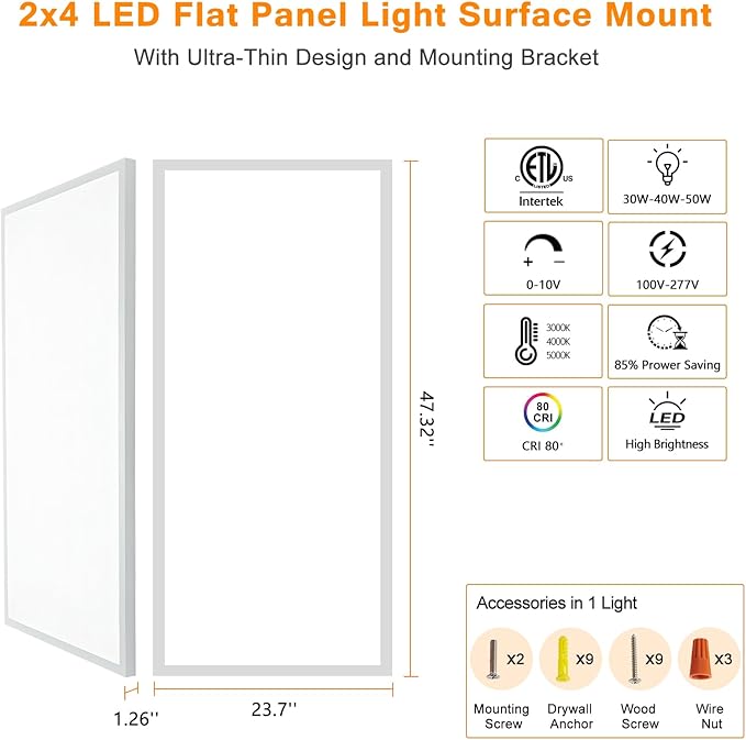 Mcacggo 2x4 FT LED Flat Panel Light Surface Mount 5000K-4000K-3000K Switchable