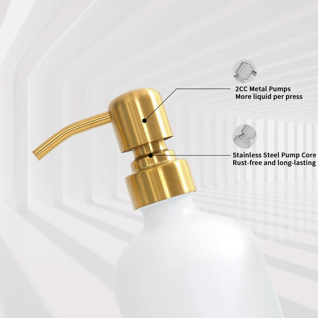 Gold Soap Dispenser Set, Glass Soap Dispenser with Stainless Steel Pump, Perfect for Modern Kitchen Counter Decor. (Gold)