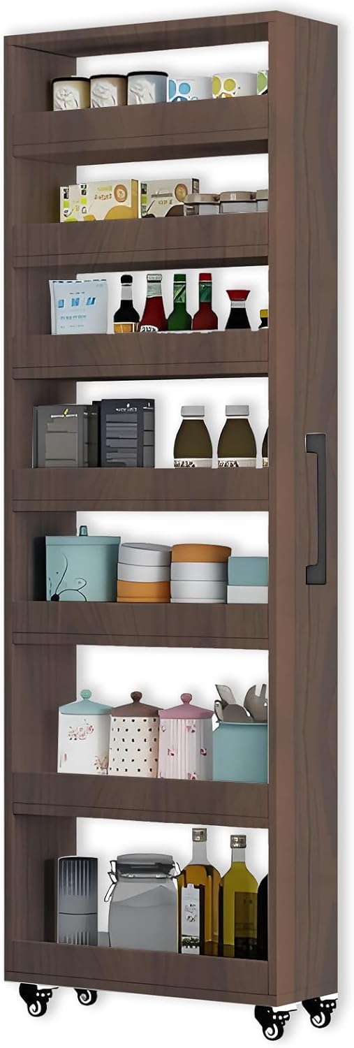 7-Tier Slim Storage Cart, Wooden Rolling Pantry Cabinet with Wheels, Narrow Shelf Organizer for Kitchen, Bakers Rack, Dining Room, Closet, Small Spaces Gray 47.2" H*5.9" W*16.9" D