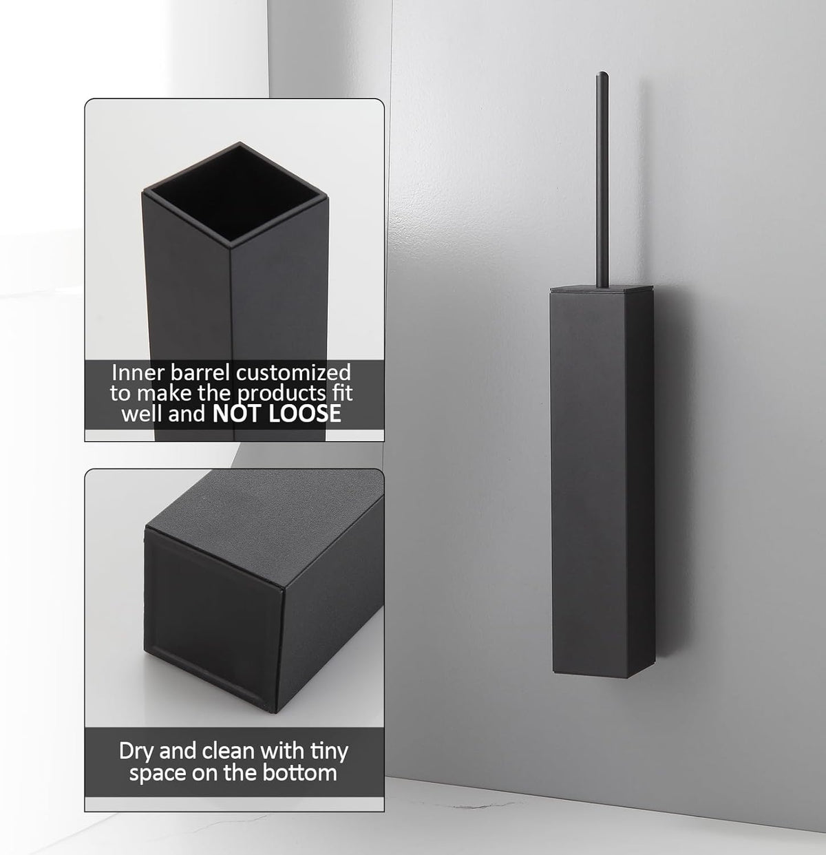 BGL Toilet Brush and Holder Set Matte Black Wall Mounted for Bathroom Square Design