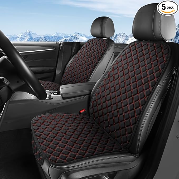 Premium Car Seat Covers for Front Seats, [2-Pack] Plush Soft & Cooling Seat Protector Pads Full Set, Breathable Mesh, Non-Slip Auto Seat Mat for Sweat, Wear Protection (Black red)