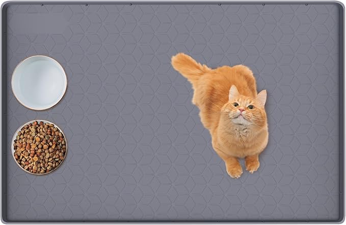 Bartuke Cat Food Mat, 34" x 22" Large Silicone Pet Feeding Mat with Raised Edge Pet Placemat for Food and Water Bowl Non-Slip, Easy to Clean, Floor Protection (Dark Grey)