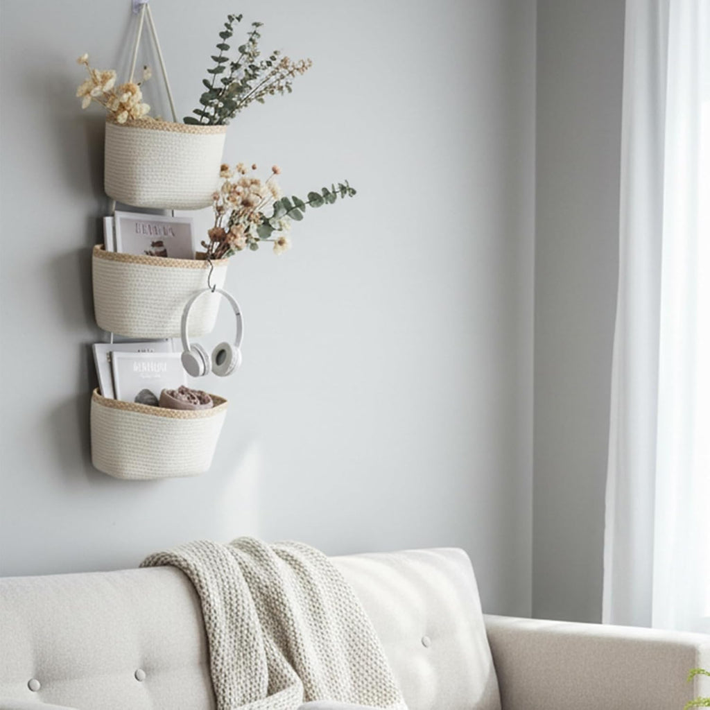 TeoKJ Over the Door Hanging Basket, 3-Tier Woven Cotton Wall-Mounted Storage Organizer Bag Decorative Hanging Nursery Baskets, White & Light Brown