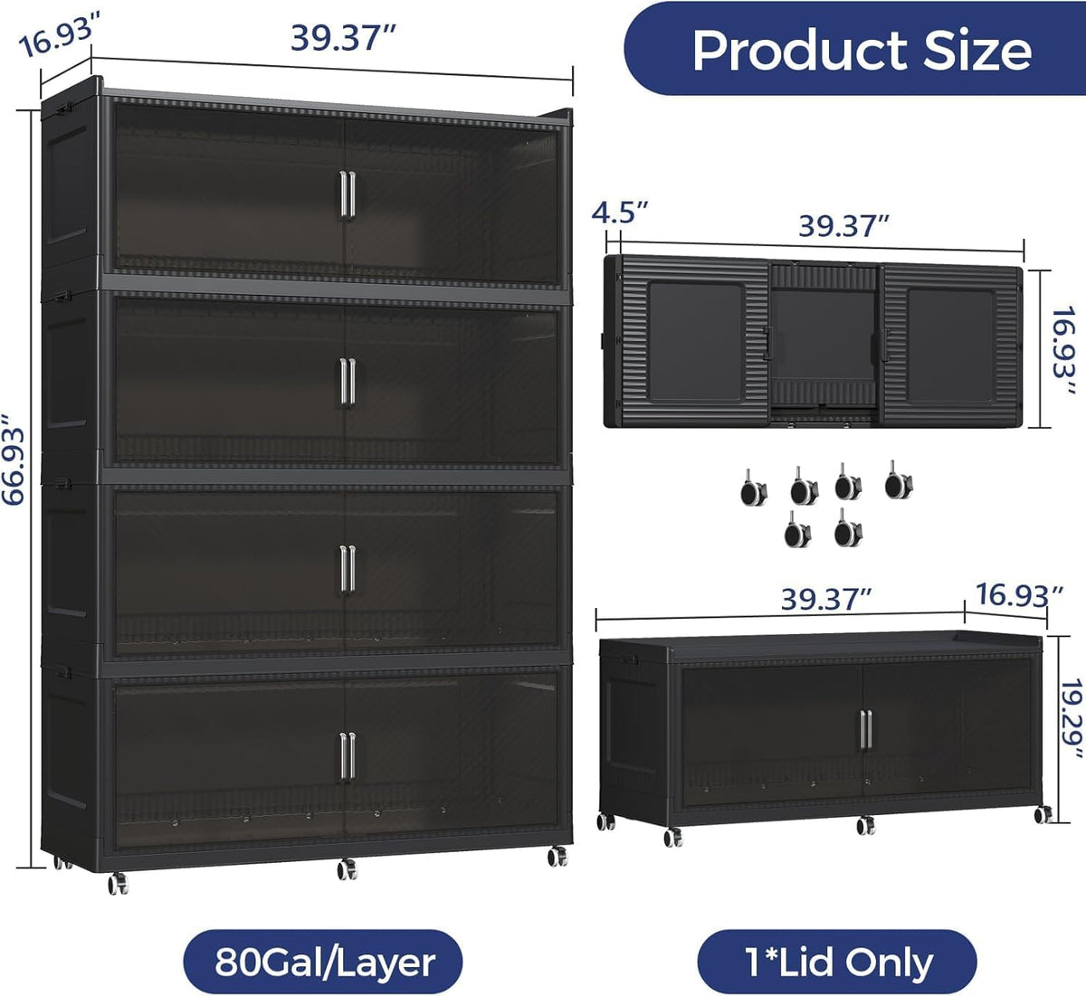 320GAL Extra Large Storage Bins with Lid, 1280QT Collapsible Organizer with Wheels, Stackable Closet Cabinet with Doors, Folding Storage Containers for Home, Office, Kitchen, 4Pack Black