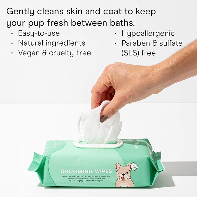 Wild One, Eucalyptus Natural Dog Grooming Wipes, Cruelty-free, resealable lid, 70 wipes per pouch, 210 Count
