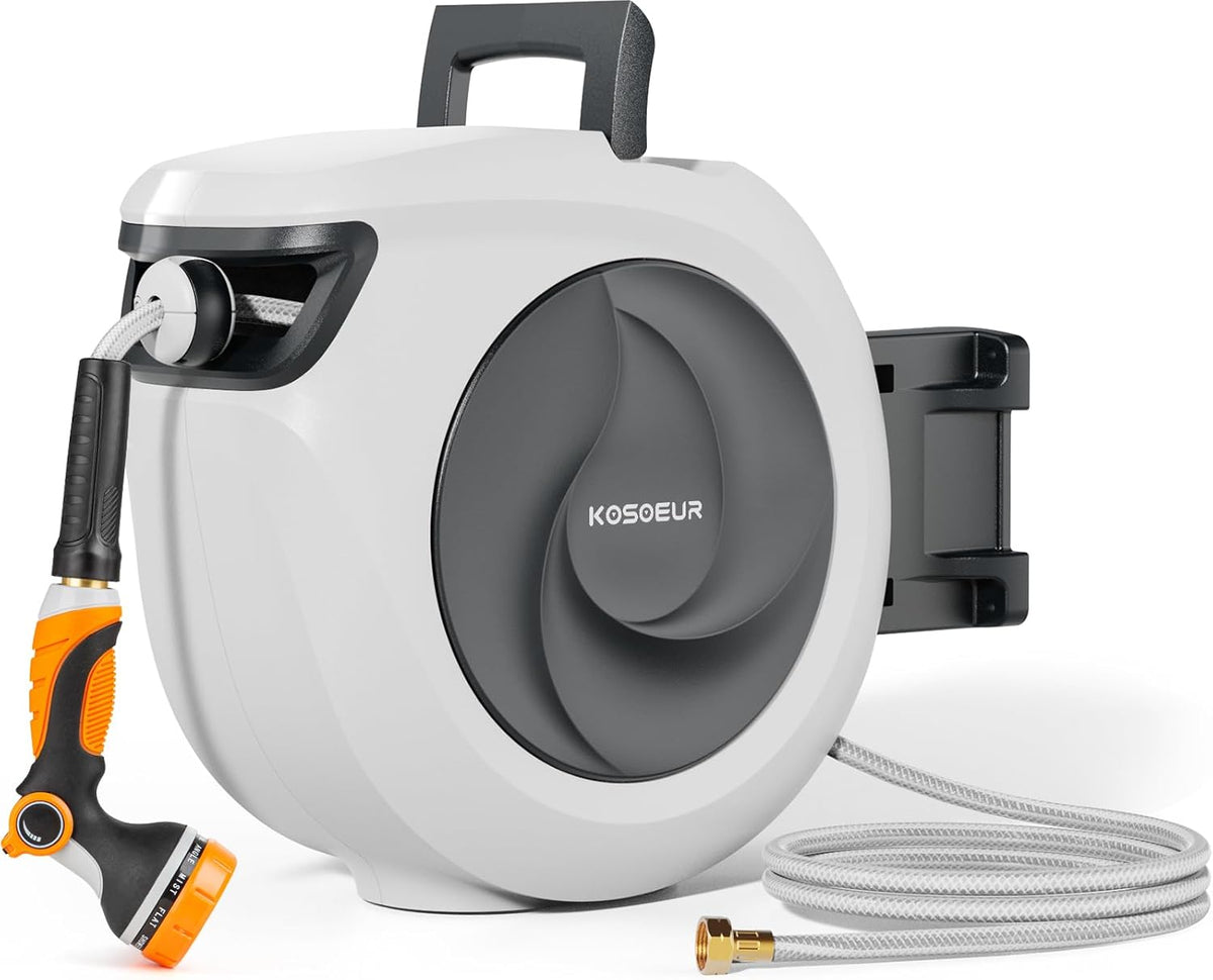 KOSOEUR Retractable Garden Hose Reel, 1/2 in x 65 ft Garden Hose Reel, Automatic Retractable Water Hose Wall Mount with 10 Pattern Nozzle, Slow Rewind System/Any Length Auto Lock 180° Swivel Bracket