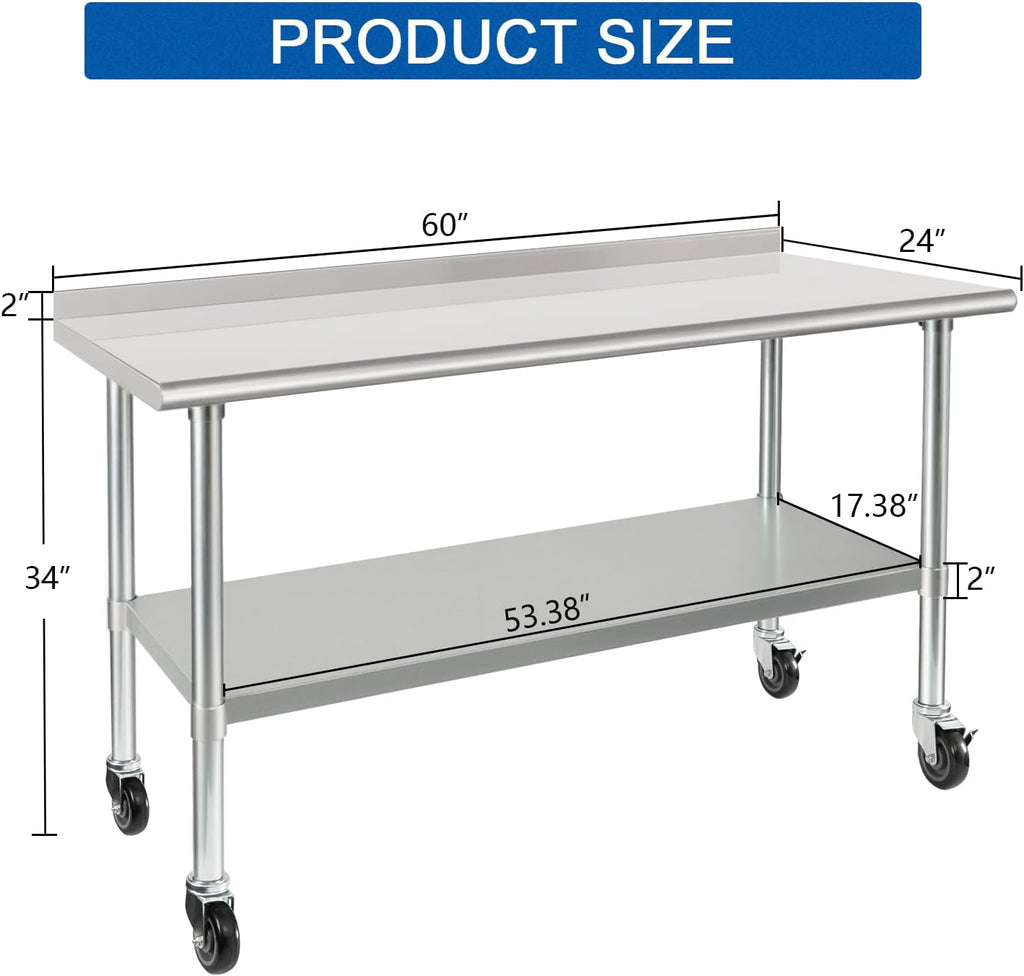 HARDURA Stainless Steel Table 24 x 60 Inches with Wheels Casters NSF Heavy Duty Commercial Prep Table with 2” Backsplash and Adjustable Undershelf for Restaurant Kitchen Home and Hotel