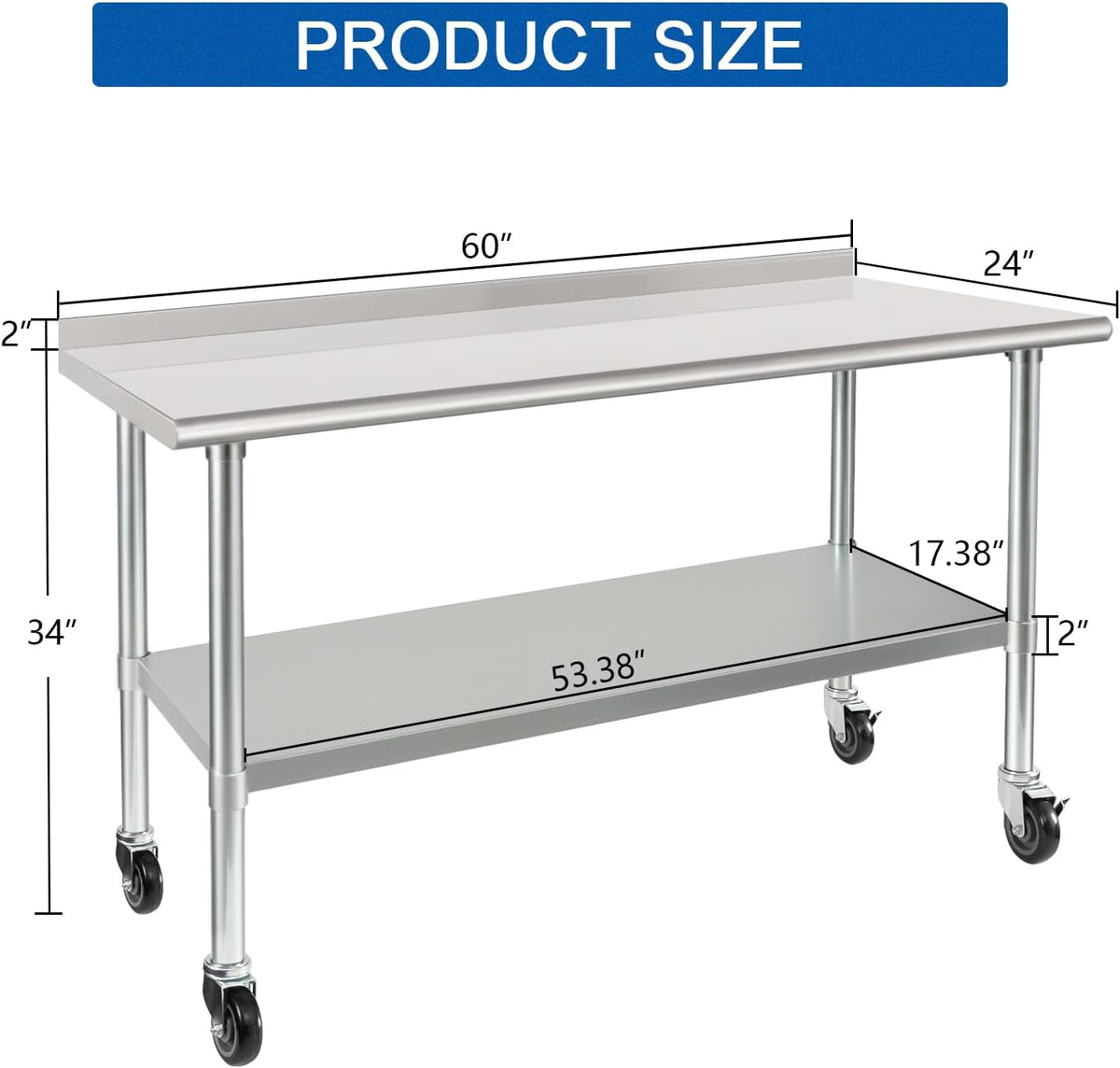 HARDURA Stainless Steel Table 24 x 60 Inches with Wheels Casters NSF Heavy Duty Commercial Prep Table with 2” Backsplash and Adjustable Undershelf for Restaurant Kitchen Home and Hotel