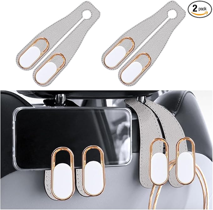 2PCS Car Seat Headrest Hook, Leather Dual Hook Vehicle Seat Back Storage Organizer for Purse Handbag Umbrella, Auto Backseat Groceries Hanger Holder, Universal for Truck SUV Sedan (Beige)