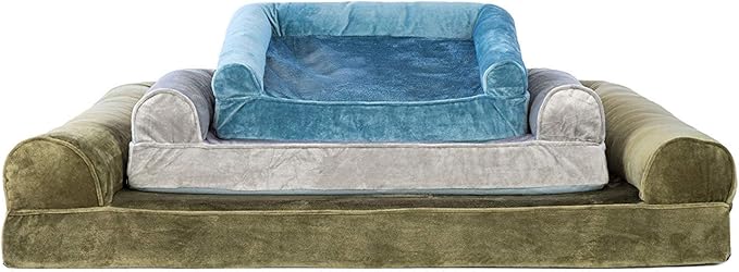 Furhaven Cooling Gel Dog Bed for Large/Medium Dogs w/ Removable Bolsters & Washable Cover, For Dogs Up to 55 lbs - Faux Fur & Velvet Sofa - Harbor Blue, Large