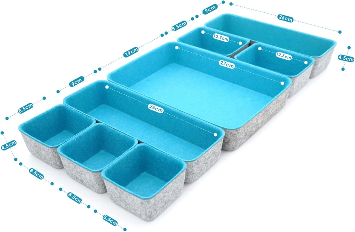 Welaxy desk drawer organizer tray felt storage bin for home office entryway catchall key holder makeup crafts pens decluttering 8-piece gift Solution (Turquoise)