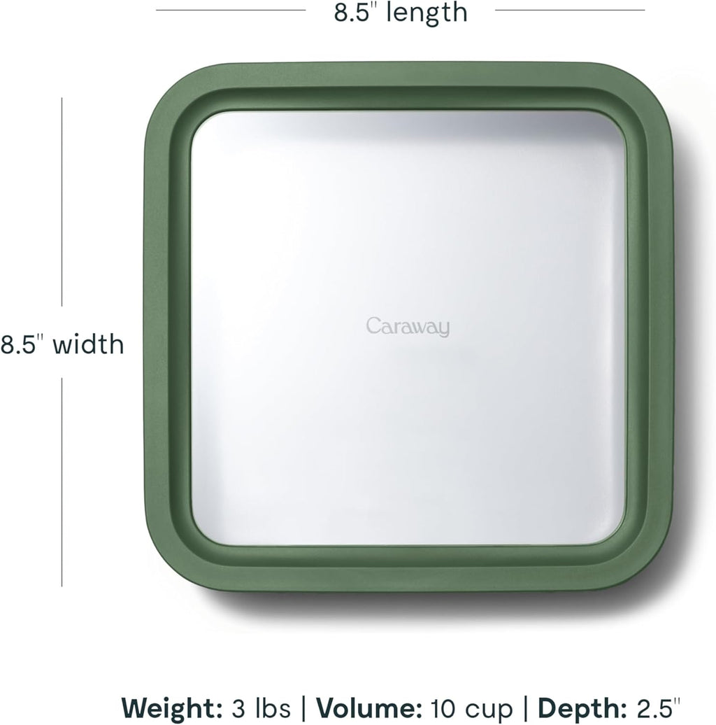Caraway 2pc Glass Food Storage Set - 10 Cup Food Containers (2) - Ceramic Coated - Non Toxic, Non Stick Lunch Box with Lids. Dishwasher, Oven, & Microwave Safe - Sage
