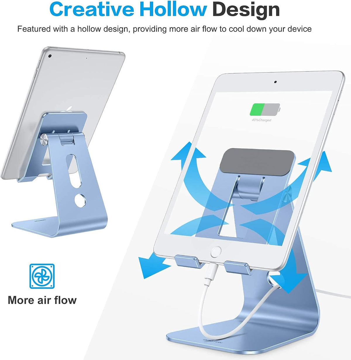 OMOTON Adjustable Tablet Stand for Desk, Upgraded Longer Arms for Greater Stability, T2 Tablet Holder with Hollow Design for Bigger Sized Phones and Tablets Such as iPad Pro/Air/Mini, Blue