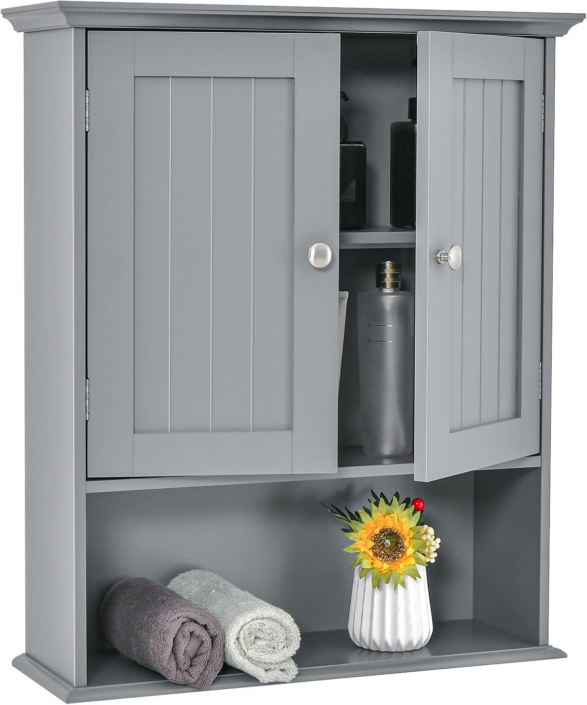 Tangkula Bathroom Wall Cabinet, Wooden Hanging Cabinet with Doors & Shelves, Multipurpose Storage Cabinet for Restroom Kitchen Living Room, Wall Mounted Bathroom Medicine Cabinet (Grey)