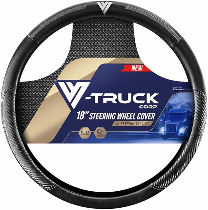 18-Inch Genuine Leather Steering Wheel Cover for Semi Trucks – Black with Grey Stripes, Universal Fit Heavy-Duty Non-Slip Grip, Comfortable Control, Easy Installation