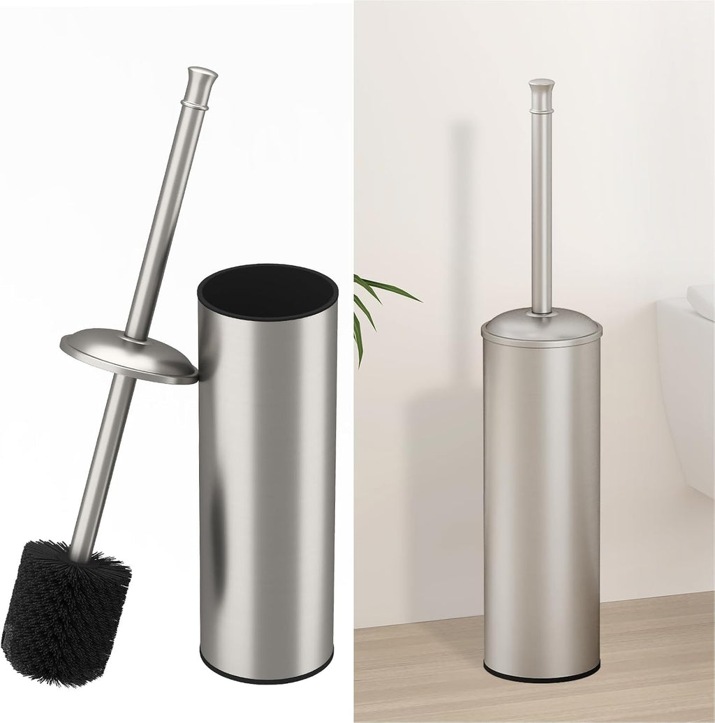 BESy Toilet Brush and Holder, Toilet Cleaner Bowl Set with Two Brush with Extra Long Handle, Durable Bristles Toilet Scrubber and Covered Holder, Drip-Proof Stainless Steel Brushed Nickel