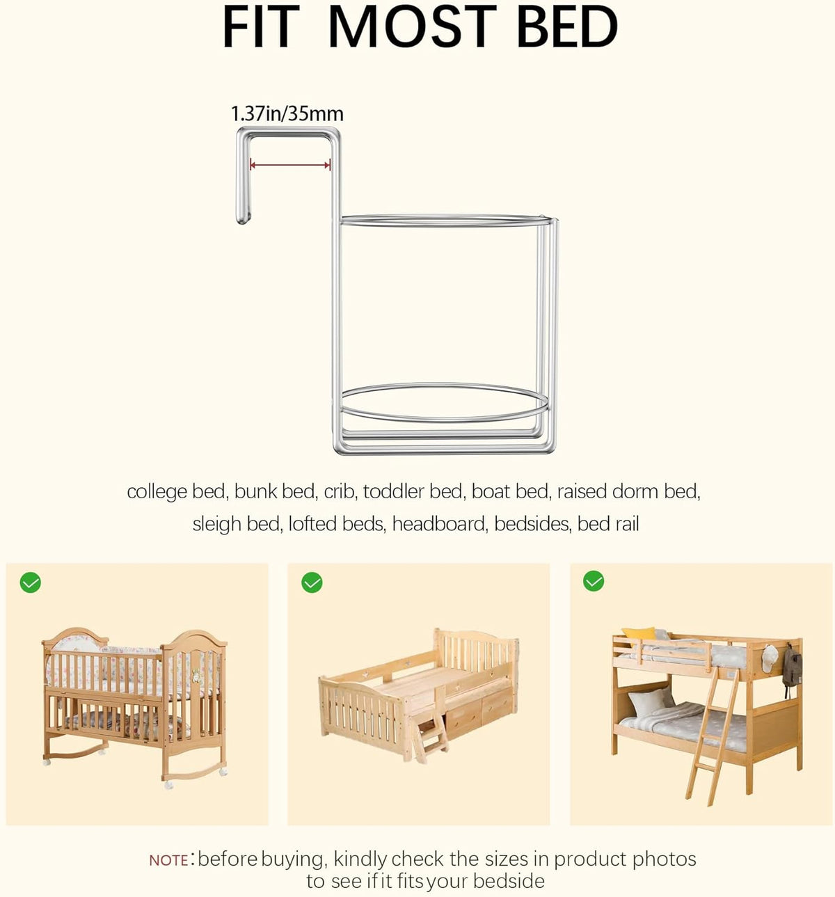 Cup Holder for Bed (Diameter: 3.3IN) Drink Holder Water Bottle/Glass Organizer for Wood Dorm Room Bunk Bed Crib, Metal Toddle Bed,Loft Bedside, Headbed, Car,Office Desk Partition
