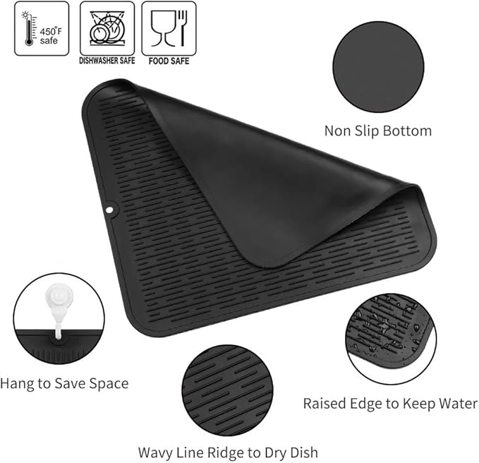 Silicone Dish Drying Mat for Multiple Usage,Easy clean,Eco-friendly,Heat-resistant Silicone Mat for Kitchen Counter or Sink,Refrigerator or Drawer Liner Black XL 18 inches x 16 inches