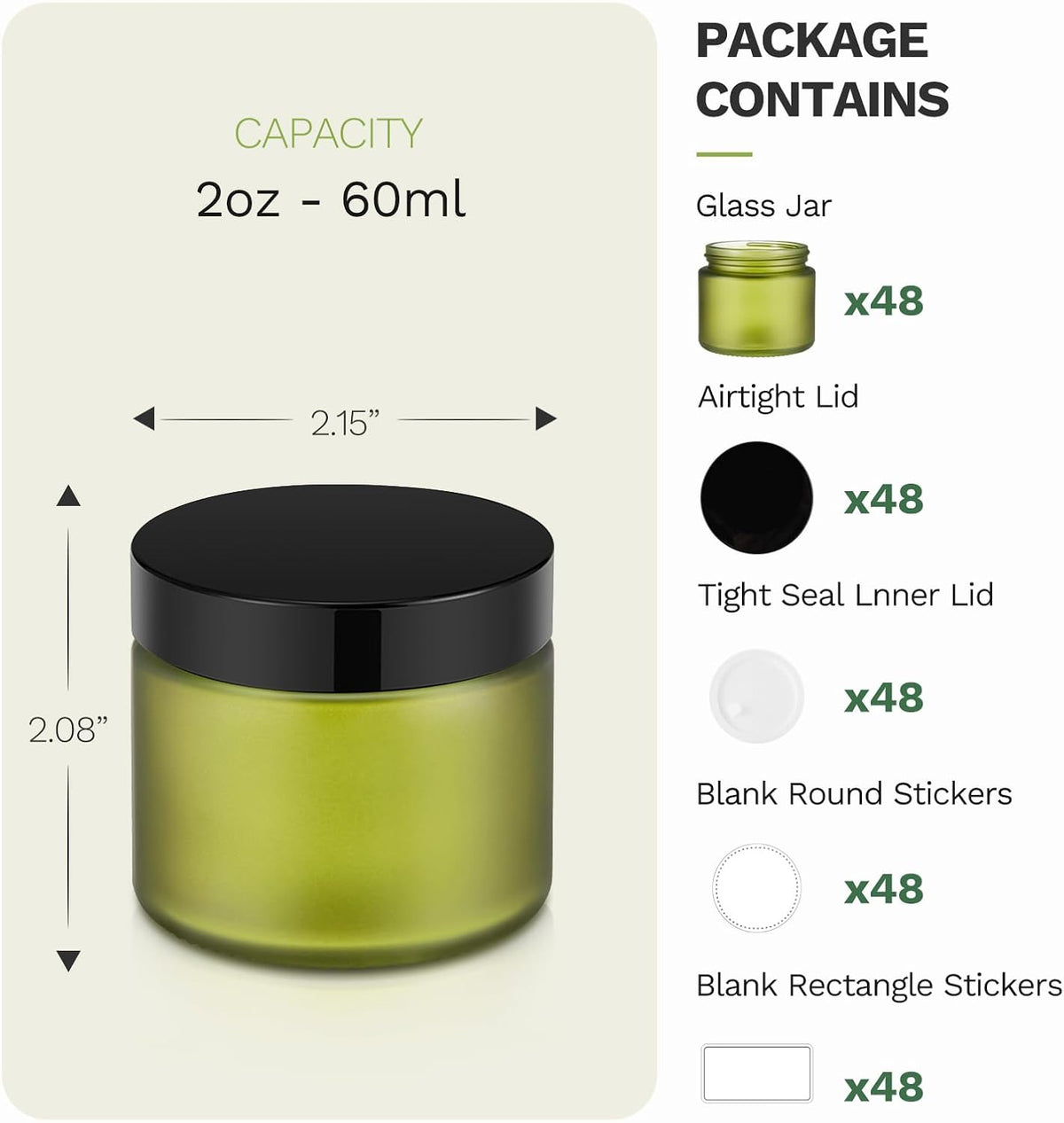 2 oz Small Glass Jars with Lids, Bumobum 48 pack Round Green Glass Candle Jars with Black Lids, White Labels & Inner Liners, Empty Cosmetic Containers for Cream, Lotion, Slime, Ointment