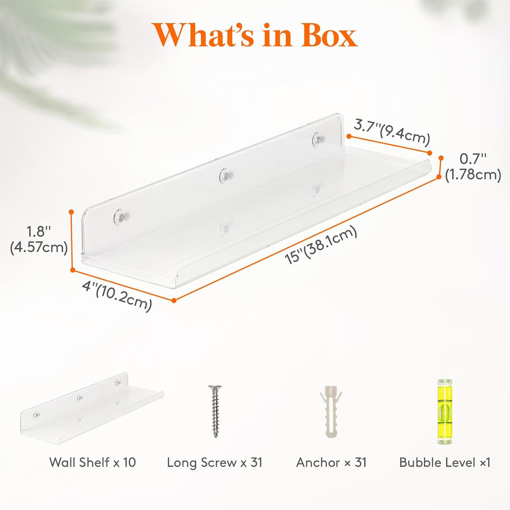 Lifewit Floating Shelves for Wall, 10 Pack Clear Acrylic Shelf 15" Room Decor for Bookcase/Vinyl Record Display/Photo/Picture in Bedroom, Living Room, Bathroom, Kitchen Storage and Organization