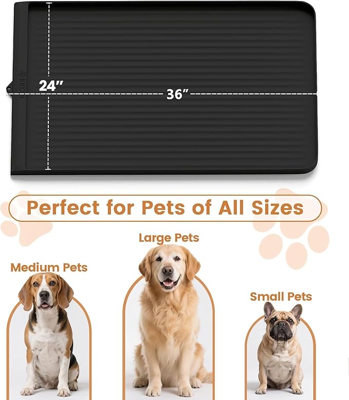 Dog Food Mat 36"x24", Waterproof Pet Feeding Mat with Diversion Grooves and Raised Edges, Large Non-Slip Dog Bowl Mat for Food and Water, Cat Food Mat for Floors, Easy to Clean, Black