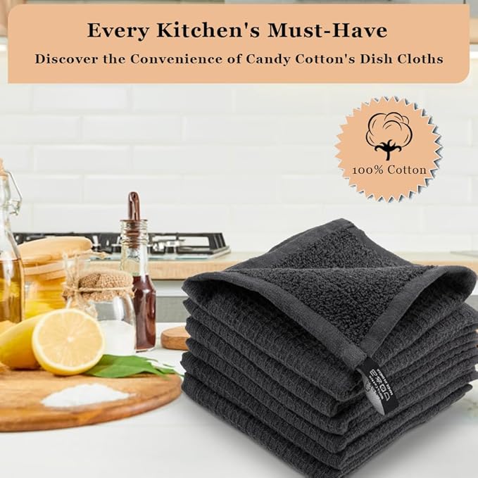 DishCloths Kitchen|Waffle Terry Check Weave Hand Towels|Cotton 12x12 Reusable Dish Rags Washing Scrub Cleaning Dishes|Dish Bar Mop Towels Hand Wipes|Spring Easter Basket Decor|6 Pc Set-Grey
