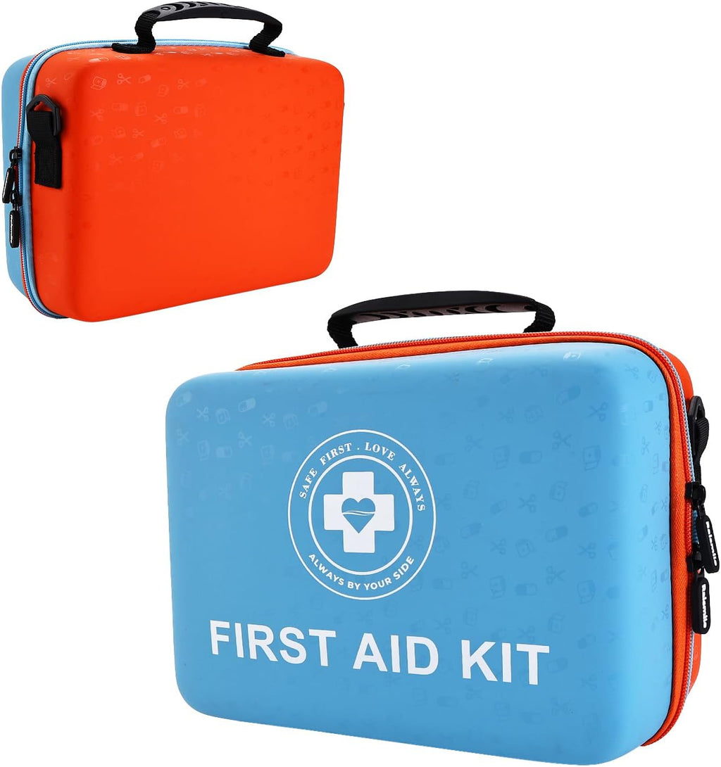 Large First Aid Kit - 410 Piece Dual-Color Emergency Kit with Hard Shell & Fluorescent Interior Coating, Professional Survival Kit for Home, Car, Travel, Hiking & Outdoor(Blue/Orange)