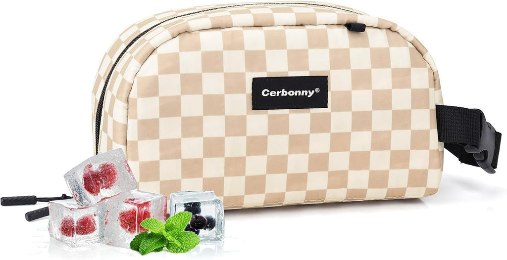 Cerbonny Small Cooler Bag Freezable Lunch Bag for Work School Travel, Leak-proof, Insulated, Khaki Checkerboard, 3.5L, 9.8x5.5x4 inch