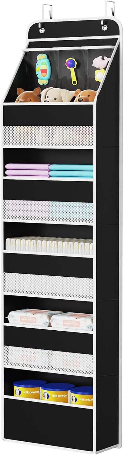 Univivi 6-Shelf Over Door Hanging Organizer Fabric Baby Door Storage with 5 Large Pockets and 3 Small PVC Pockets Wall Mount Hanging Storage Organizers for Baby Essential (Black)