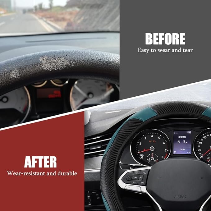 Car Steering Wheel Cover, Steering Wheel Protector, Universal 14.5-15 Inch Microfiber Leather Breathable Auto Steering Wheel Covers, Carbon Fiber Steering Wheel Cover for Women Men (Dark Green)