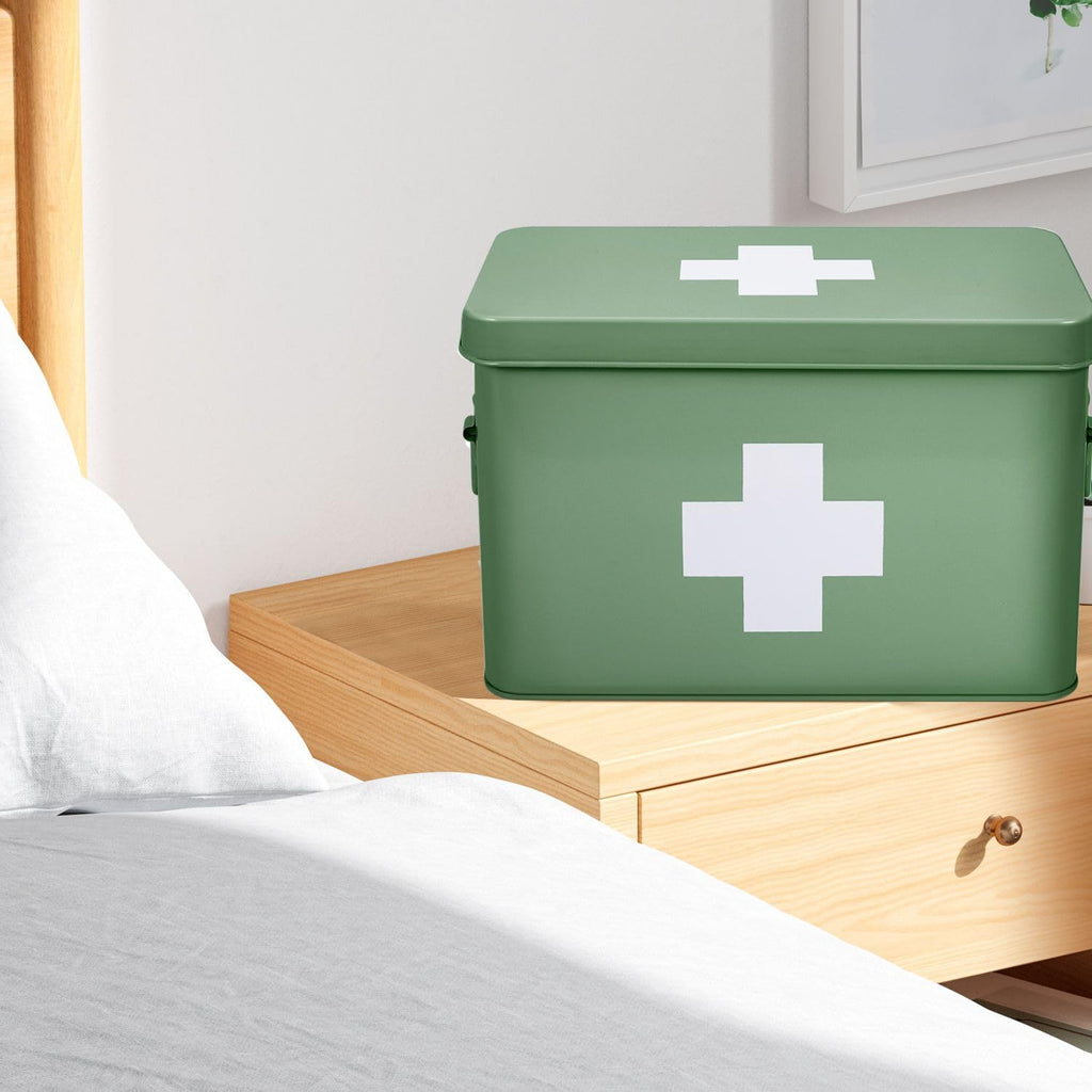 Flexzion First Aid Box Organizer Empty 13" Green Vintage First Aid Kit Tin Metal Medical Box - First Aid Storage Box Container Bins with Dividers, Removable Tray and White Cross Logo