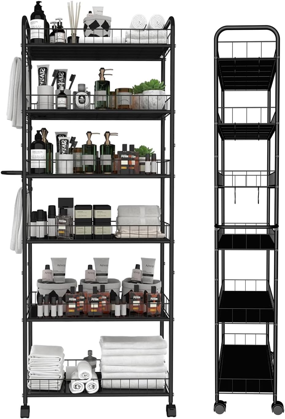6 Tier 10in Slim Rolling Storage Cart with Handle, Mobile Shelving Unit with Wheels, Metal Wire Storage Rack with Baskets for Kitchen Bathroom Office Laundry Narrow Piaces