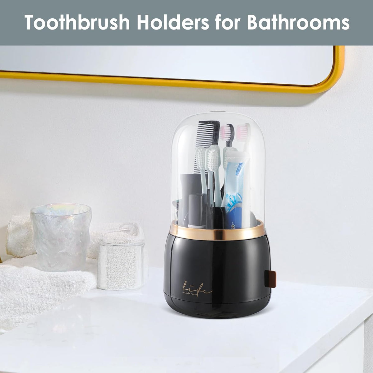 EXIN DECHEN Toothbrush Holders with Cover for Bathrooms, 360° Rotating 7-Slot Draining Water for Placing Kids Electric Toothbrushes,Toothpaste,Razors,Bathroom Counter Dresser Vanity Organizer(Black)