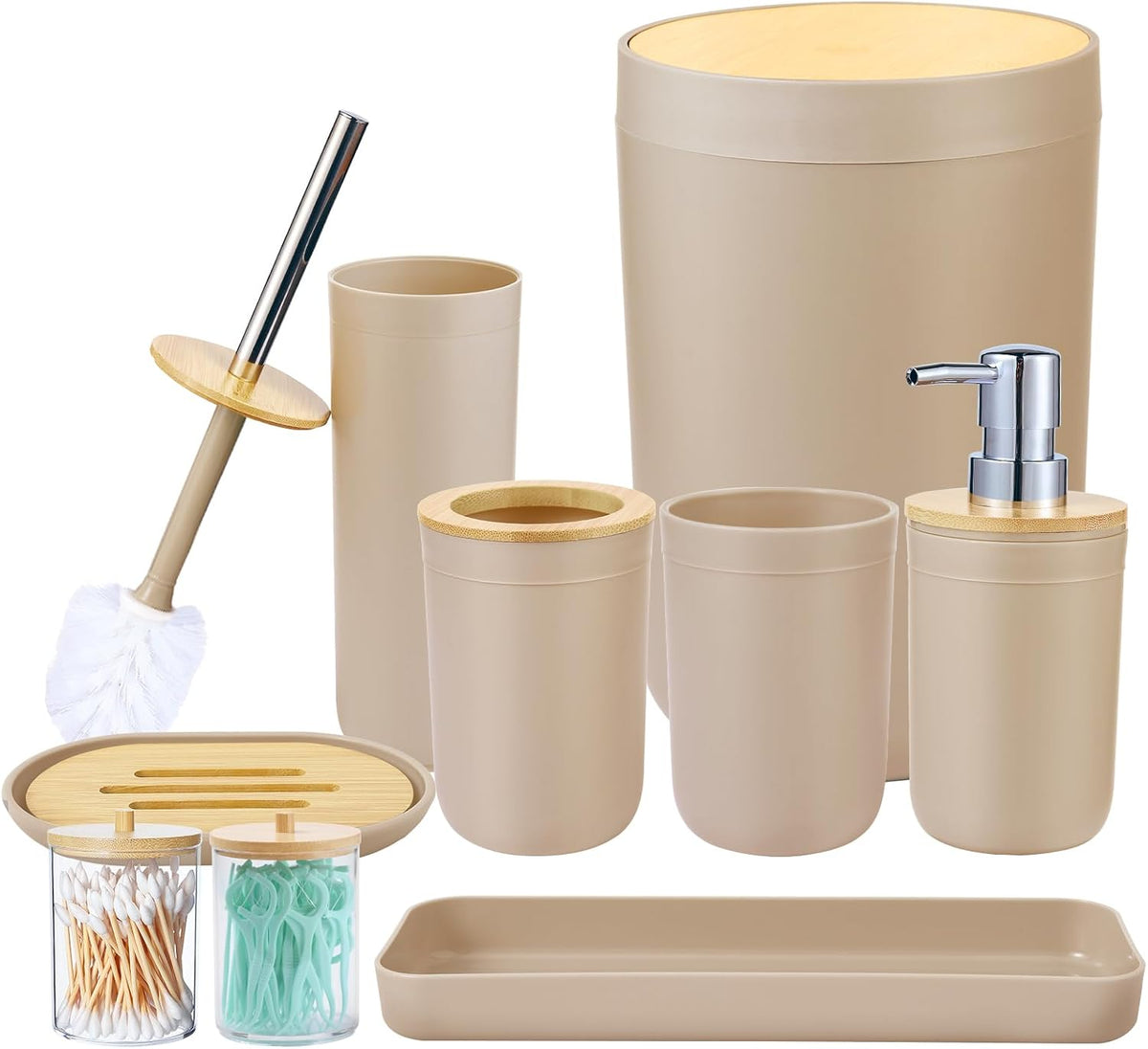 iMucci Bathroom Accessories Set - with Trash Can Toothbrush Holder Soap Dispenser Soap and Lotion Set Tumbler Cup(9Pcs Beige Wood Cover)