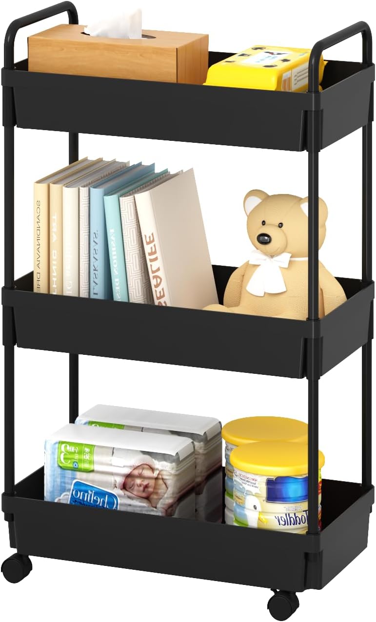 3-Tier Storage Cart，Shelf Organizer Mobile Shelving ，Utility Rolling Cart，Multifunction Movable Storage Organizer with Lockable Wheels,Black
