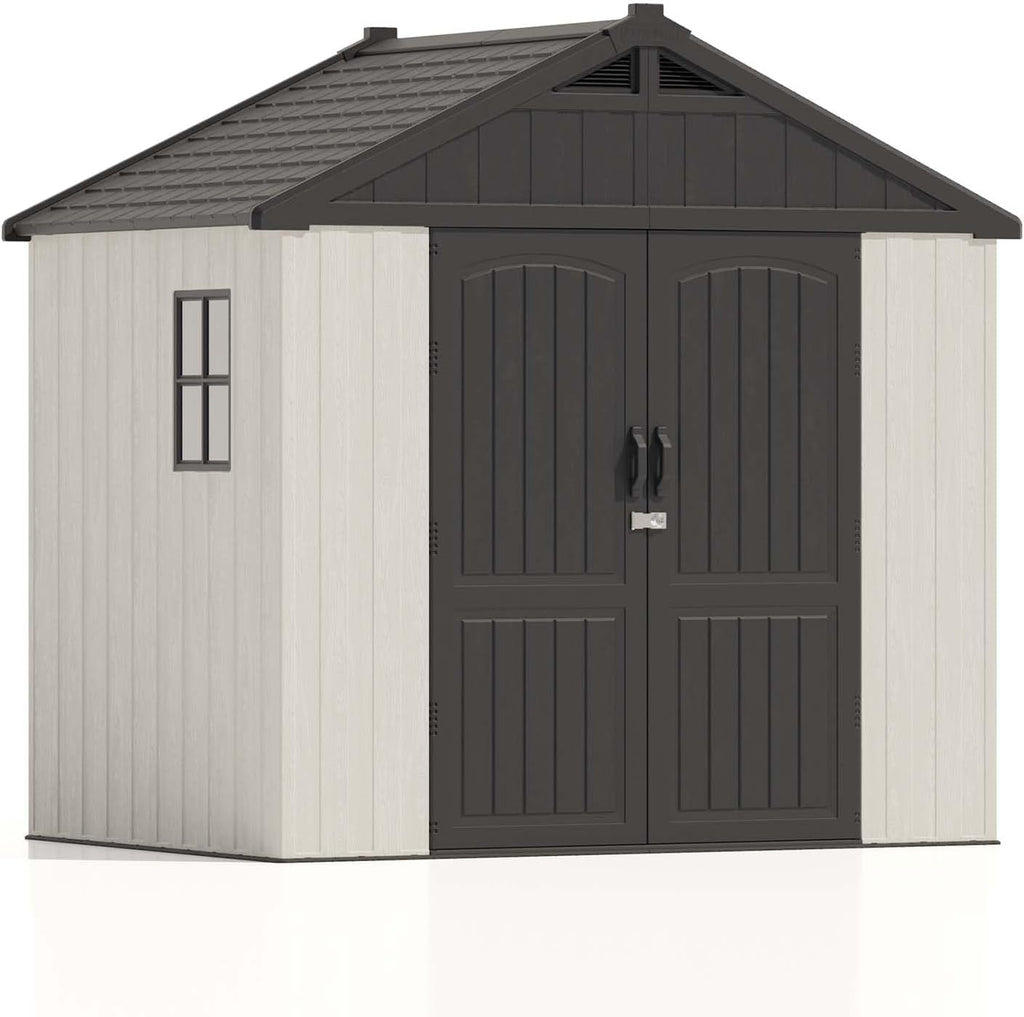 Patiowell 8 x 6 FT Plastic Outdoor Storage Shed with Floor, Resin Shed with Window and Lockable Door for Garden, Backyard, Tool Storage Use, Easy to Install in Beige (Kick-it Shed)