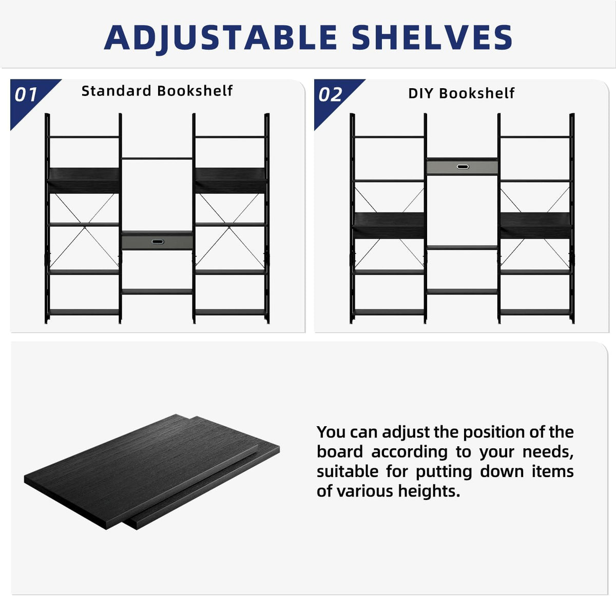 NUMENN Bookcases and Bookshelves Triple Wide 5 Tier Bookshelf, Large Etagere Bookshelf with Storage Drawer, Adjustable Open Display Shelves for Living Room, Bedroom, Home Office, Black