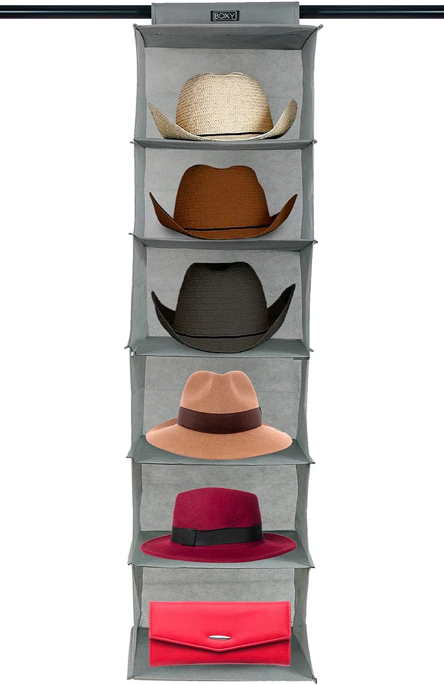 Boxy Concepts 6-Shelf Cowboy Hat Organizer Rack - 13in Wide X-Large Grey - Hat Rack for Wall Mount Hook & Loop - Soft Fabric Preserve Shape - Baseball Cap Organizer
