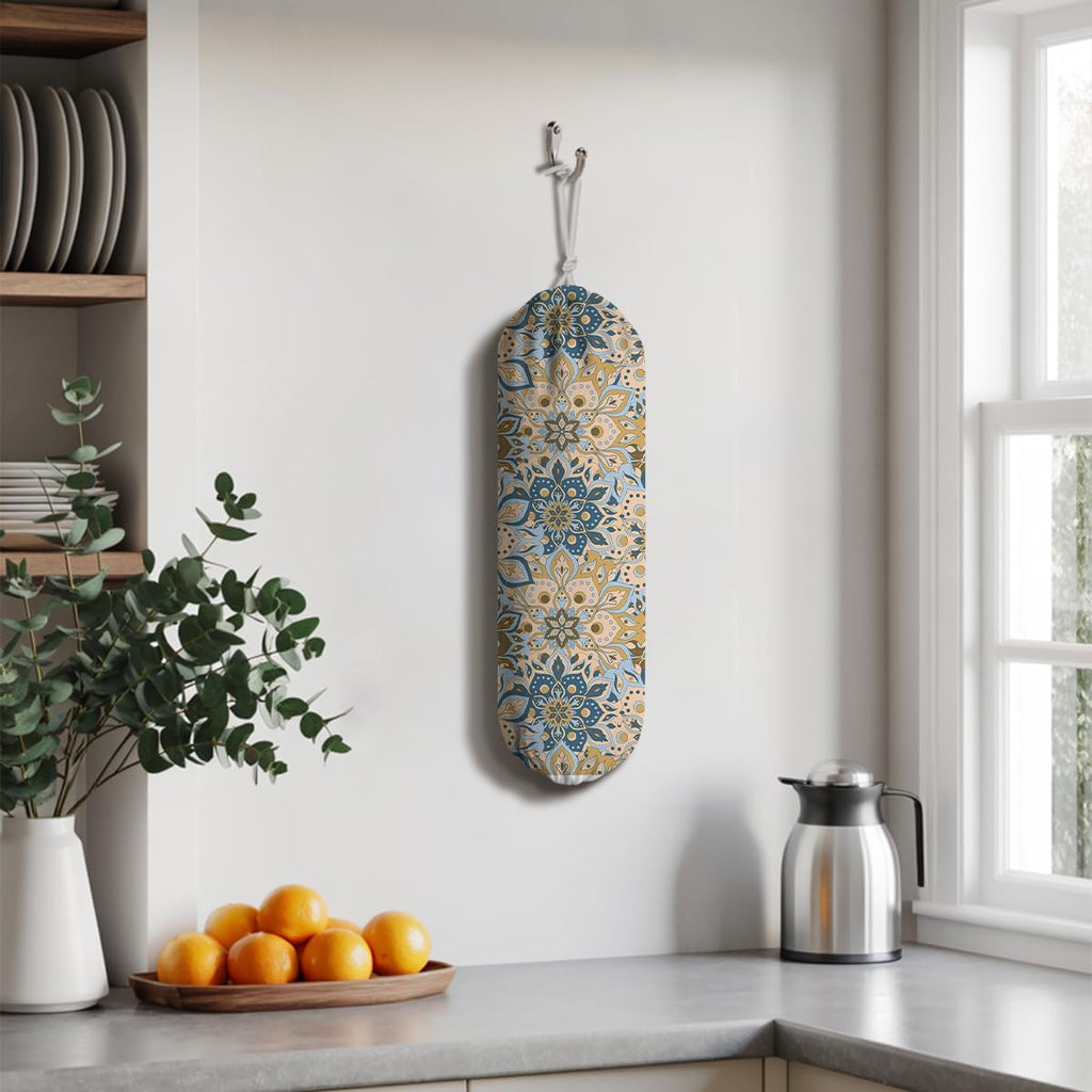 Gray Yellow Plastic Bags Holder, Reusable Fabric Grocery Bag Holder, Wall Mount Shopping Garbage Bags Carrier for Home, Kitchen, Travelling, Kitchen Pattern Garbage Bag 68