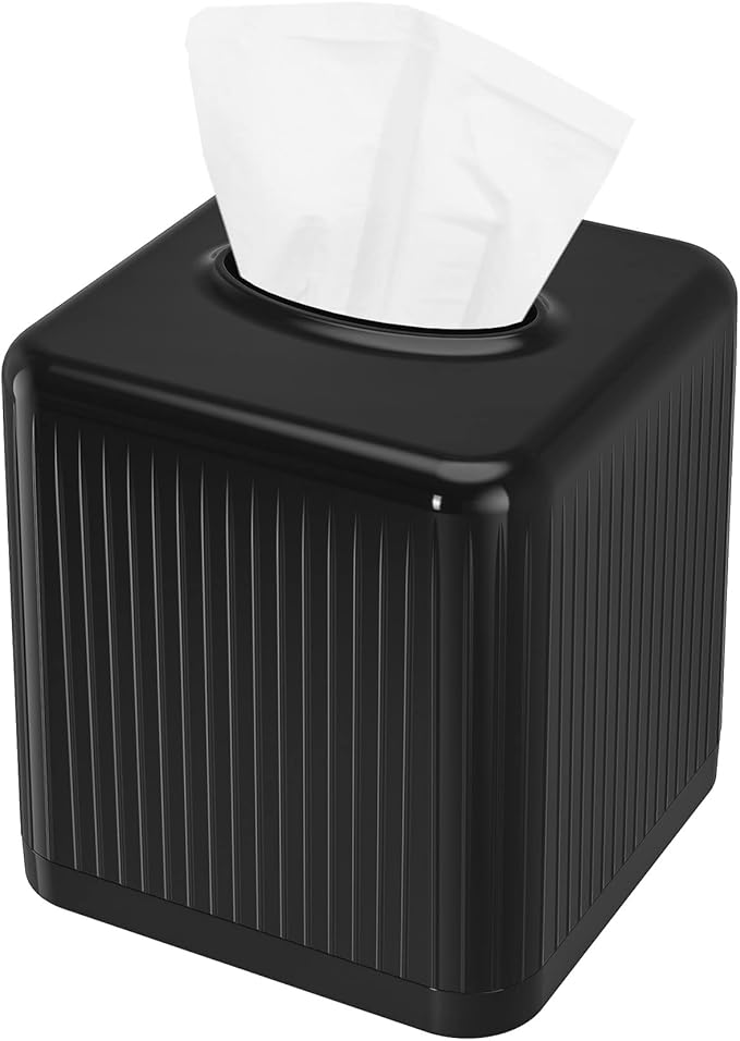 Livelab Square Plastic Tissue Box Holder with Base - Modern Cube Decorative Tissue Cover for Bathroom, Countertop, Living Room, Bedroom, Office - Black